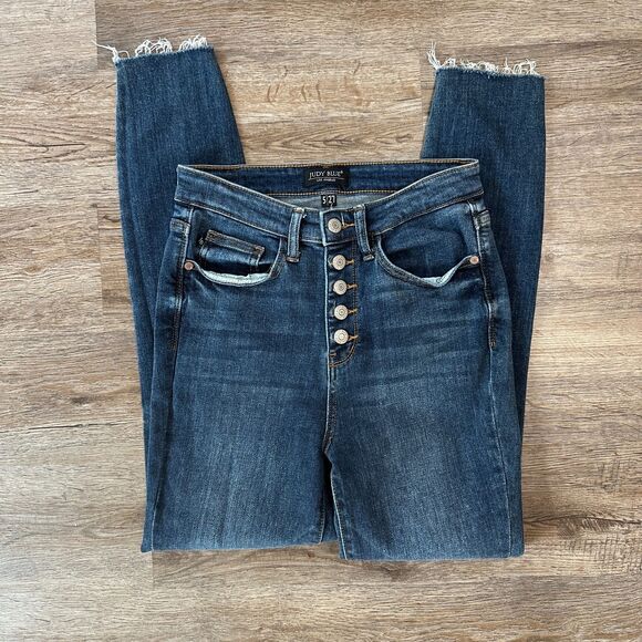 Judy Blue Button Fly Skinny Jeans Size 5/27 Dark Wash Raw Hem Womens High Rise - Picture 1 of 5